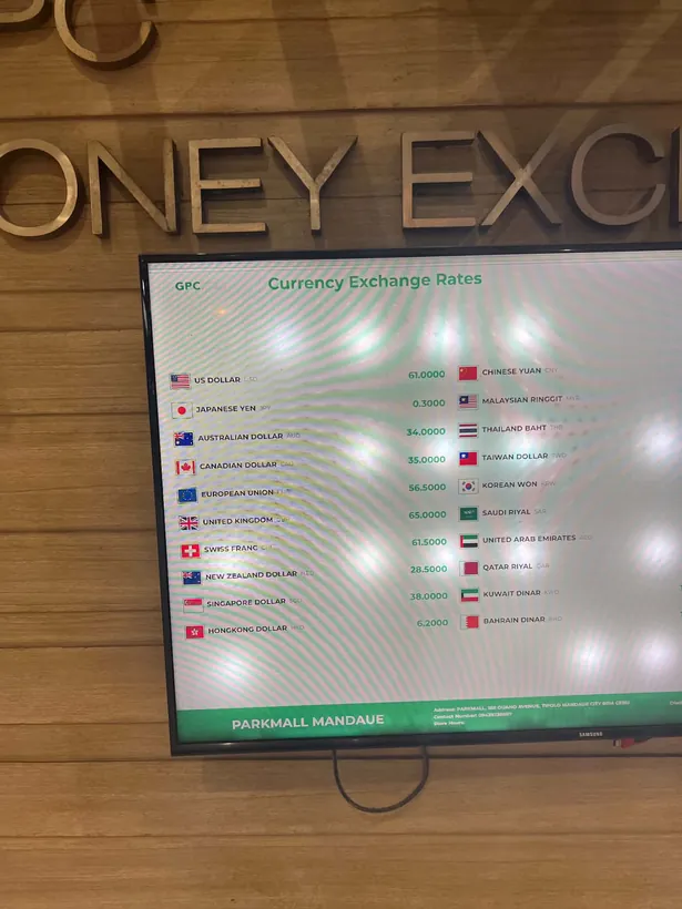 パークモールのGPC Money Exchangeのレート表示。日本円は0.3000