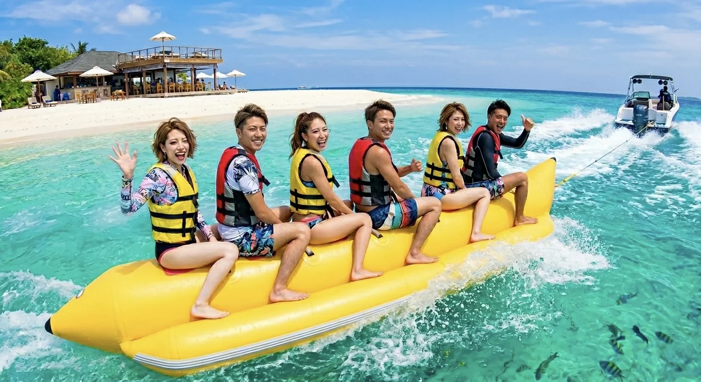 セブ島 マリンスポーツ バナナボート Banana Boat グループ 透明な海 定番の盛り上がり