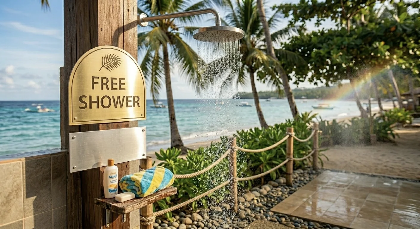セブ島マリンスポーツ後の無料シャワー ビーチ提携施設 リフレッシュ FREE SHOWER 海水を流してスッキリ