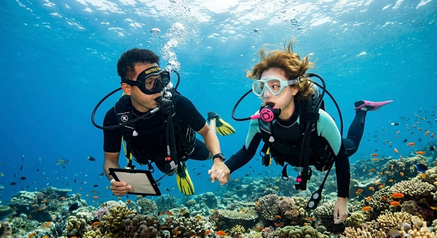 セブ島 体験スキューバダイビング 水中サンゴ礁とインストラクター